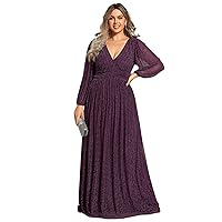Ever-Pretty Women's Glitter Long Sleeves Pleated Floor Length Evening Formal Dresses Plus Size 01961-DA