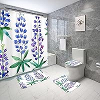 Shower Curtain Set of 4 Pcs Bluebonnets Watercolor White 72x72 Inches with Non-Slip Rugs Toilet Bath Mat and Toilet Lid Cover for Bathroom