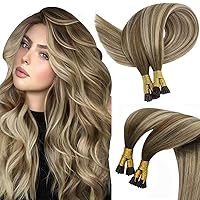 2 Packs Sunny Itip Hair Extensions Human Hair Light Brown Balayage Ash Blonde with Highlight Bundle Weft Hair Extensions Same Color 16inch