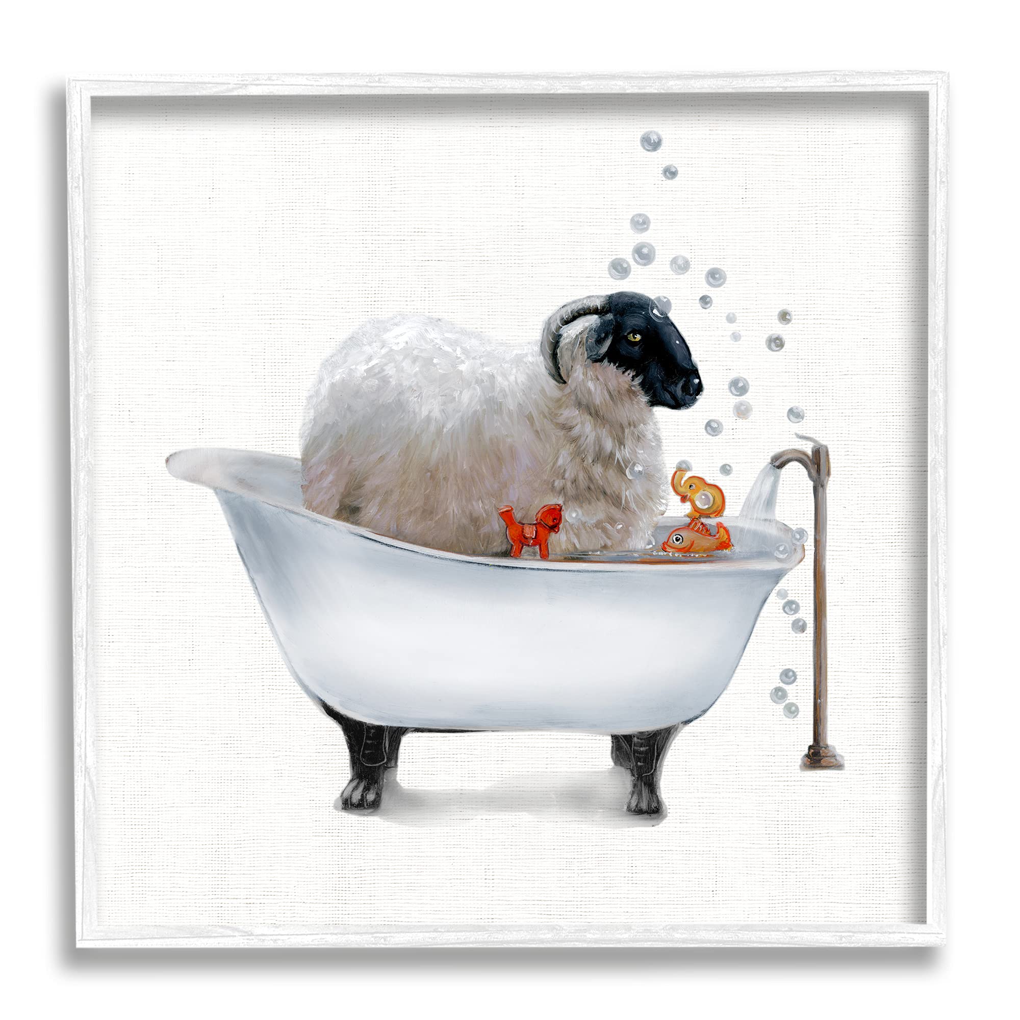 Stupell Industries Fluffy County Goat in Bathtub Soap Bubbles, Designed by Donna Brooks White Framed Wall Art, 24 x 24, Grey