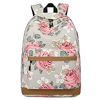 Forestfish Laptop Backpacks With USB Charging Port, Large Capacity Lightweight Floral Printed College Bookbag Casual Daypack (Flower-Light Grey)