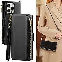 Antsturdy Compatible with iPhone 15 Pro Max Wallet Case for Women 【RFID Blocking】 Crossbody Phone Case PU Leather Zipper with Wrist Strap Flip Cover Credit Card Holder for Apple 15 Pro Max,Black