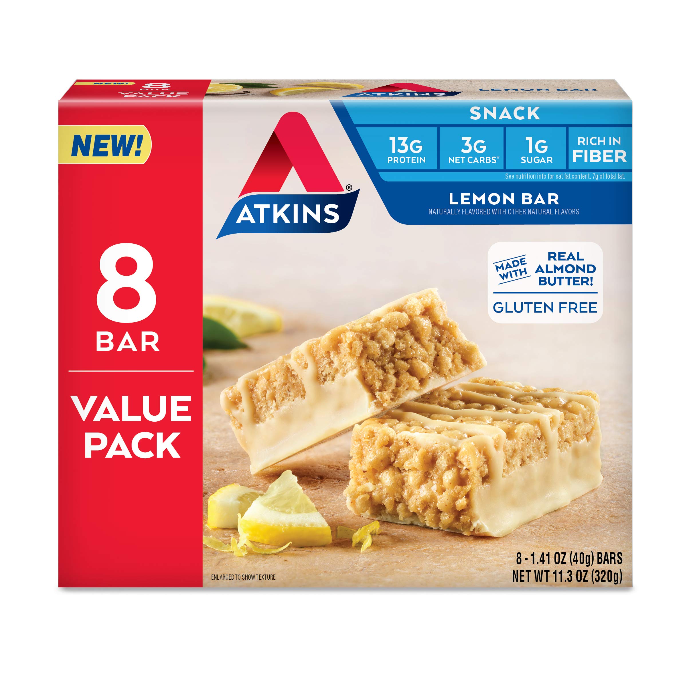 Atkins Lemon Snack Bar, Made with Real Almond Butter, 1g Sugar, Gluten Free, High in Fiber, Keto Friendly, 8 Count