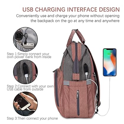 upsimples Diaper Bag Backpack Nappy Bag Baby Bags for Mom and Dad Maternity Diaper Bag with USB Charging Port Stroller Straps Thermal Pockets,Water Resistant, Pink Grey