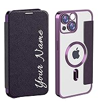 Personalized Leather Flip Phone Case with Your Name or Photo, Custom Flip Phone Case for iPhone 14 15 13 12 11 Plus Pro Max, Card Holders,Wireless Charging,Unique Gift for Wife Mother (Purple)