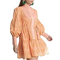 Roiii Women A-Line Lace Loose Baroque Button Down Long Sleeve Casual Dresses V Neck Embroidery Party Short Dress