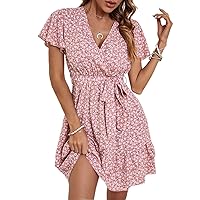 Summer Dresses for Women 2022 Ditsy Floral Print Belted Surplice Neck Dress Dresses for Women (Color : Multicolor, Size : X-Small)