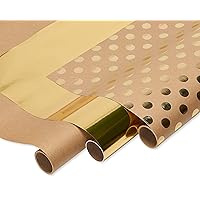 American Greetings Wrapping Paper Bundle for Birthdays, Mother's Day, Father's Day, Graduation and All Occasions, Kraft and Gold Polka Dots (3 Rolls, 75 sq. ft)