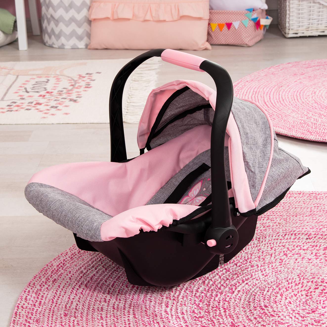 Bayer Design 67933AA Toy, Car Seat Easy Go for Neo Vario Pram with Cover, Doll Accessories, Pink, Grey with Butterfly