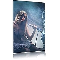 Canvas picture - Woman with hookah in the fog - Size: 23.6 x 15.7 inch - fully assembled on a wooden frame