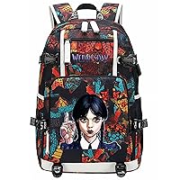 Student Lightweight Bookbag Rucksack-Wednesday Addams Waterproof Bagpack with USB Charging Port for Travel