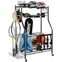 VEVOR Sports Equipment Garage Organizer, Rolling Ball Storage Cart on Wheels, Basketball Rack with Baskets & Hooks, Indoor/Outdoor Sports Gear and Toys Storage
