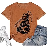 Graphic Tees for Women Vintage Funny Skeleton Skull Print Shirt Cute Planet Casual Holiday Top
