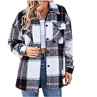 Anjikang Womens Button Down Flannel Shirts 2023 Fall Fashion Plaid Shacket Jacket Long Sleeve Collared Wool Blend Casual Coat