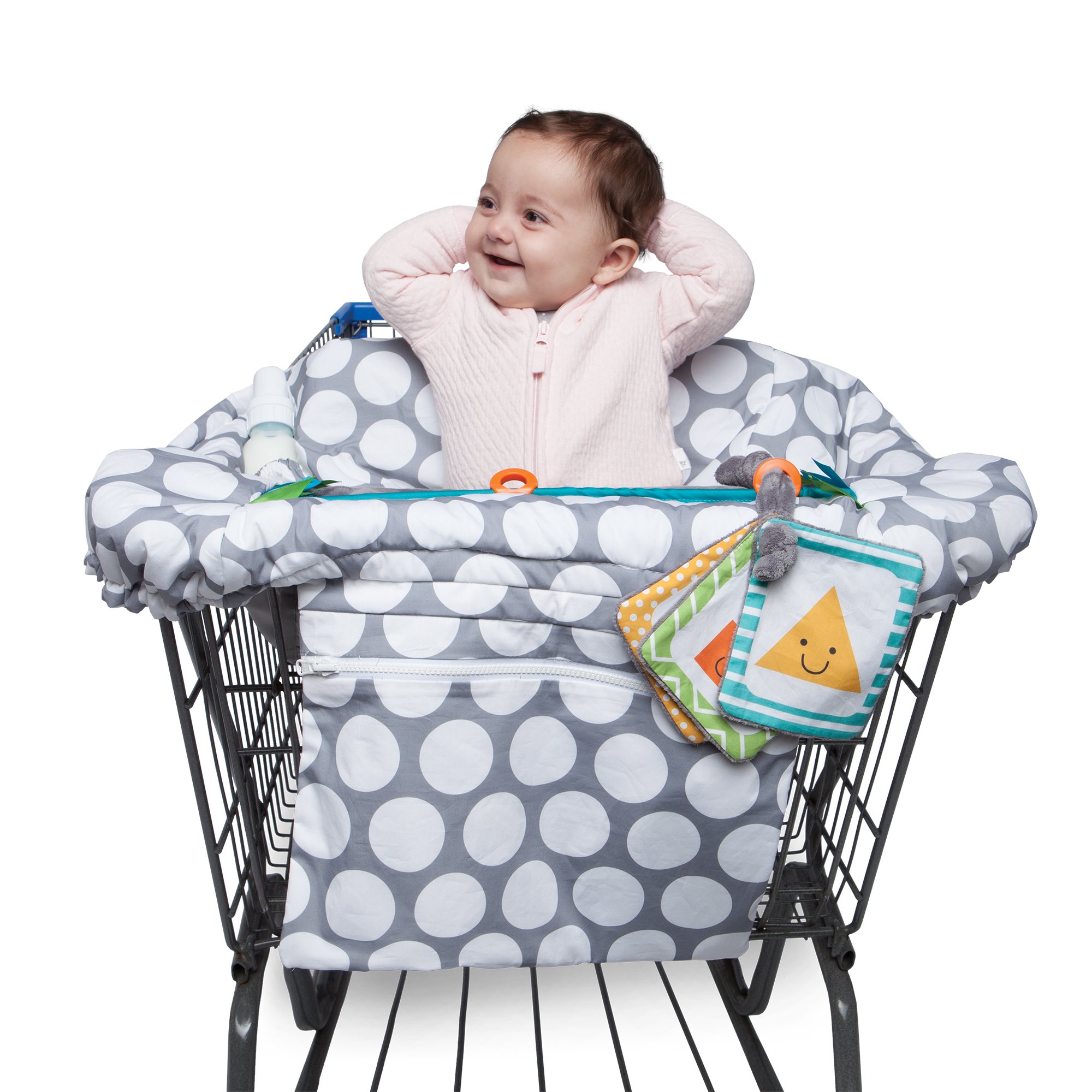 Boppy Preferred Shopping Cart and High Chair Cover with Storage Pouch, Gray Jumbo Dots with Changeable SlideLine Toy, Plush Minky Seat, 2-point Safety Belt, Wipeable and Machine Washable, 6-48 months