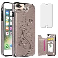 Phone Case for iPhone 7plus 8plus 7/8 Plus with Tempered Glass Screen Protector and Card Holder Wallet Cover Flip Leather Cell Accessories i Phone7s 7s + 7+ 8s 8+ Phones8 Cases Women Men Gray