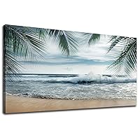 arteWOODS Tropical Beach Canvas Wall Art - Ocean Waves Pictures Coastal Oceanic Blue Sky and Sea Print Seaside Palm Tree Leaves Scene Painting Artwork Living Room Bedroom Office Home Decor 24
