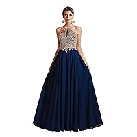 Women's Sexy Chiffon Halter A Line Lace Applique Beaded Floor Length Prom Evening Dresses