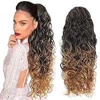 Long Drawstring Ponytail Extension 26 Inch Curly Ponytail Clip in Hair Extensions Synthetic Ponytail Body wavy Hair For Black Women(Brown to Honey Blonde 6OZ)