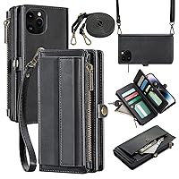 iPhone 13 Wallet Case with RFID Blocking, iPhone 13 Leather Case for Women Men with 10 Card Holder, Magnetic Detachable Zipper Phone Cover with Crossbody Strap Wristlet for iPhone 13. Black