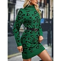 Sweater Dress for Women - Leopard Pattern Turtleneck Sweater Dress Without Belt (Color : Green, Size : Large)