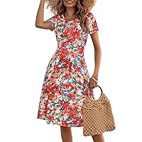 HUHOT Sundresses for Women Casual Summer Short Sleeve Round Neck Floral Skater Dress with Pockets