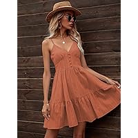 TAMIRA Fall Dresses for Women 2022 Solid Shirred Back Ruffle Hem Cami Dress (Color : Rust Brown, Size : X-Small)