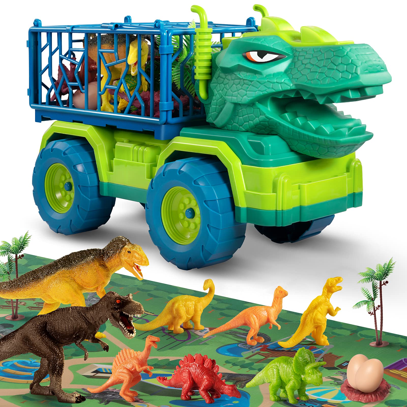 TEMI Dinosaur Truck Toys for Kids 3-5 Years, Tyrannosaurus Transport Car Carrier Truck with 8 Dino Figures, Activity Play Mat, Dinosaur Eggs, Capture Jurassic Dinosaur Play Set for Boys and Girls
