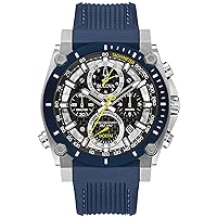 Bulova Men's Icon High Precision Quartz 8-Hand Chronograph Silver Stainless Steel Case with Blue Silicone Strap Watch, Black Dial (Model:98B413)