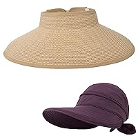 Simplicity Women's Straw Sun Hat Wide Brim Roll-up Women Hats Sun Visor Hat Beige Brown and 2 in1 Sun Hat Burgundy