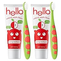 hello Natural Apple Flavored Training Toothpaste and Toddler Bundle, for Kids Age 2 Months to 3 Years, Safe to Swallow for Baby and Infants, Vegan, SLS Free, Gluten Free 4 Piece Set(Pack of 2)