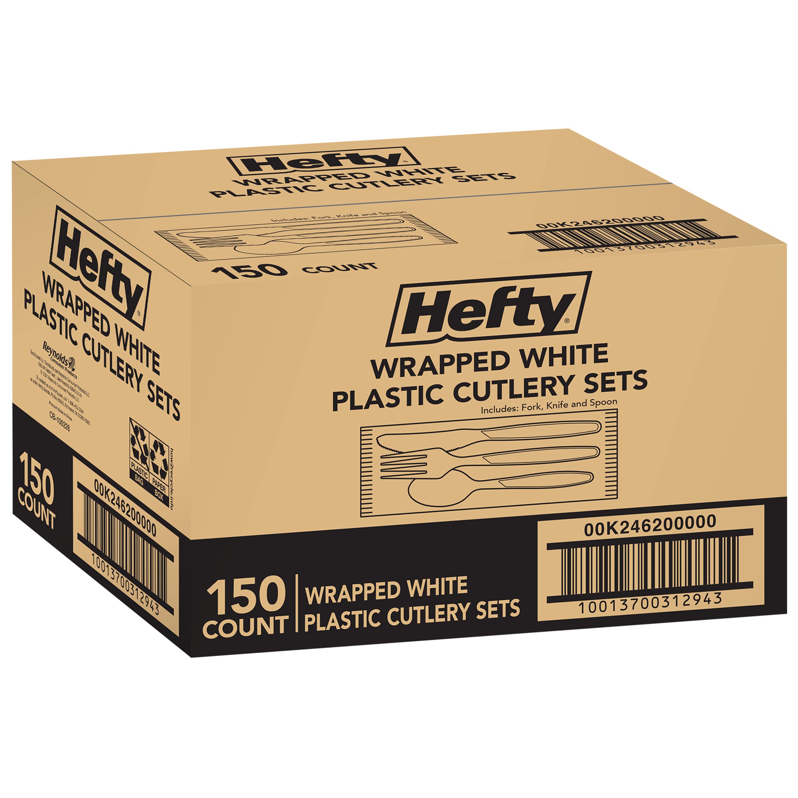 Hefty Individually Wrapped Plastic White Heavy-Duty Cutlery, Disposable Flatware, 150 Piece Set