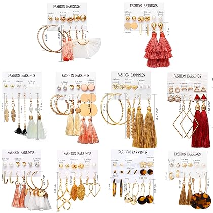 63/75/93 Pairs Fashion Earrings with Tassel Earrings Layered Ball Dangle Hoop Stud Jacket Earrings for Women Girls Jewelry Fashion and Valentine Birthday Party Gift