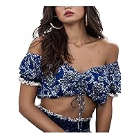 GUESS Womens Navy Ruched Tie-Front Off-The-Shoulder Floral Pouf Sleeve Sweetheart Neckline Party Top XL
