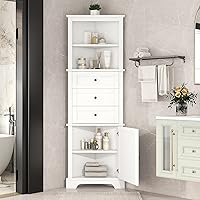 Merax Corner Storage Cabinet with Drawers and Door, Tall Bathroom Organizer for Bedroom, Living Room or Kitchen, Adjustable Shelves, White