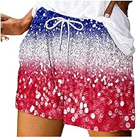 Womens Shorts Womens Clothes Summer Elastic Waist Drawstring Beach Shorts for Women Ladies Holiday Clothes with Pockets Floral Striped Cargo Shorts Ladies Knee Length Shorts Cycling Running Shorts