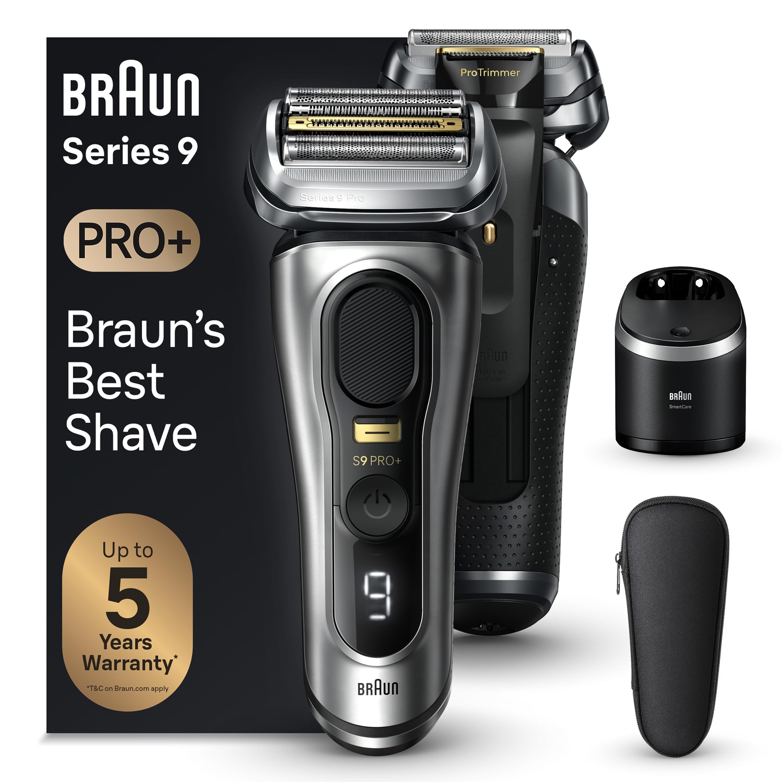 Braun Series 9 PRO+ Electric Razor for Men, 5 Pro Shave Elements & Precision Long Hair Trimmer, 6in1 SmartCare Center, Wet & Dry Electric Razor for Smooth Skin with 60min Battery Runtime, 9567cc