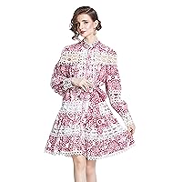 LAI MENG FIVE CATS Women's Summer Puff Sleeve V-Neck Floral Print Casual Swing Mini Dress(Suitable Petite Fit)