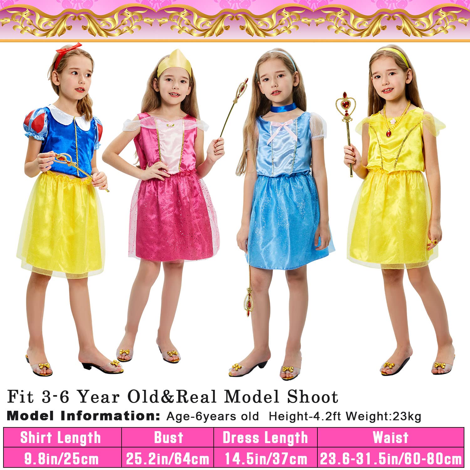 Latocos 17 Pcs Girls Princess Dress Up Trunk Role Play Cosplay Set with Princess Shoes Crown Accessories Princess Costume for Kids Age 3-6 Years