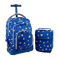 J World Lollipop Kids Rolling Backpack & Lunch Bag Set for Elementary School. Carry-On Suitcase with Wheels, Little Stars