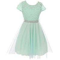 BNY Corner Cap Sleeve Lace Tulle Pearl Belt Pageant Party Flower Girl Dress USA