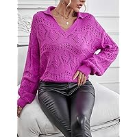 Women's Sweater Red Violet Pointelle Knit Drop Shoulder Sweater Sweater for Women (Color : Red Violet, Size : Small)