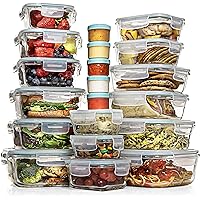 Razab 35 Pc Set Glass Food Storage Containers with Lids - Meal Prep Airtight Bento Boxes BPA-Free 100% Leak Proof (15 lids,15 glass & 5 Plastic Sauce/Dip Containers)