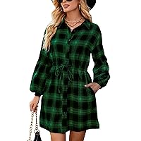 Blooming Jelly Womens Plaid Dress Flannel Puff Sleeve Dress Button Down Casual Dresses for Women 2023 with Pockets