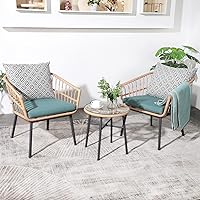 3 Pieces Outdoor Furniture Patio Bistro Set All-Weather Wicker Conversation Set with Tempered Coffee Table, Wicker Chairs, Cushions and 2 Back Pillows for Front Porch Balcony Backyard Deck