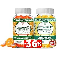 Vitamin C and Vitamin D3 Gummies Bundle - 300mg Organic, Non-GMO, Vegan Chewable Gummy - Immunity, Bone and Mood Support Supplement for Adults