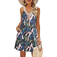 SimpleFun Summer Dresses for Women Beach Lace V-Neck Sundresses Casual Tropical Print Sleeveless Short Dress with Pockets