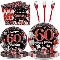 gisgfim 96 Pcs 60th Birthday Plates and Napkins Party Supplies 60 Years Old Birthday Party Tableware Set Red Black Dinner Dessert Plates 60th Birthday Decorations Favors for Man Women for 24 Guests