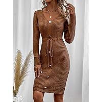 TLULY Sweater Dress for Women Button Front Belted Sweater Dress Sweater Dress for Women (Color : Brown, Size : Large)