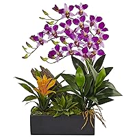 Nearly Natural Dendrobium Orchid and Bromeliad Silk Arrangement in Planter